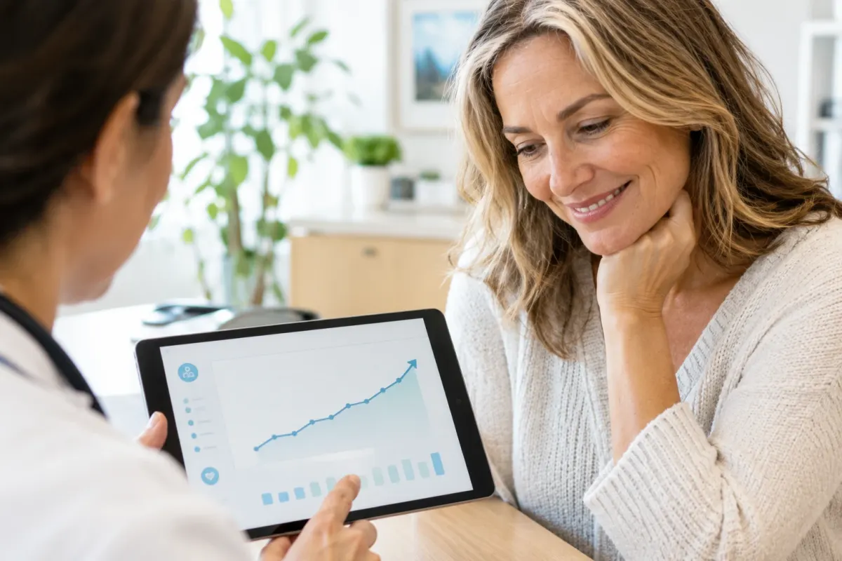 A physician showing a patient her improving health trend at a follow-up visit, progress measured fairly